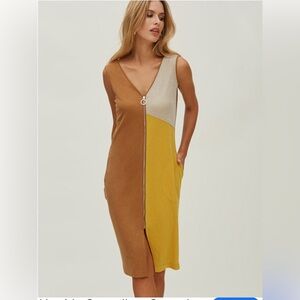 OKY Colorblock Zip-Front Midi Dress | Size 40 | Made in Spain